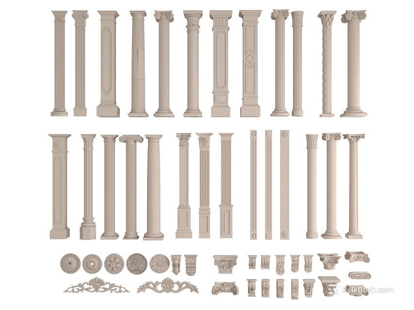Various Architectural Styles Of Roman Columns With Decorative Capitals And Bases 3d model 