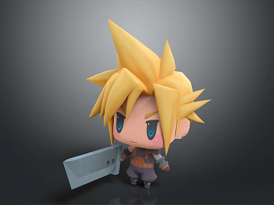 Cute Chibi Character With Blonde Spiky Hair Blue Eyes Holding Large Gray Object Gray Outfit 3d model