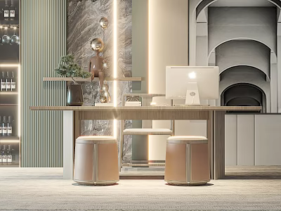 Modern Tea Room Interior With Wooden Table Beige Stools Tea Sets And Lighting 3d model