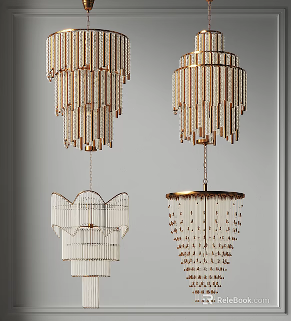 Modern Luxury Chandeliers With Gold Frame Crystal Beads Layered Design And White Accents 3d model 