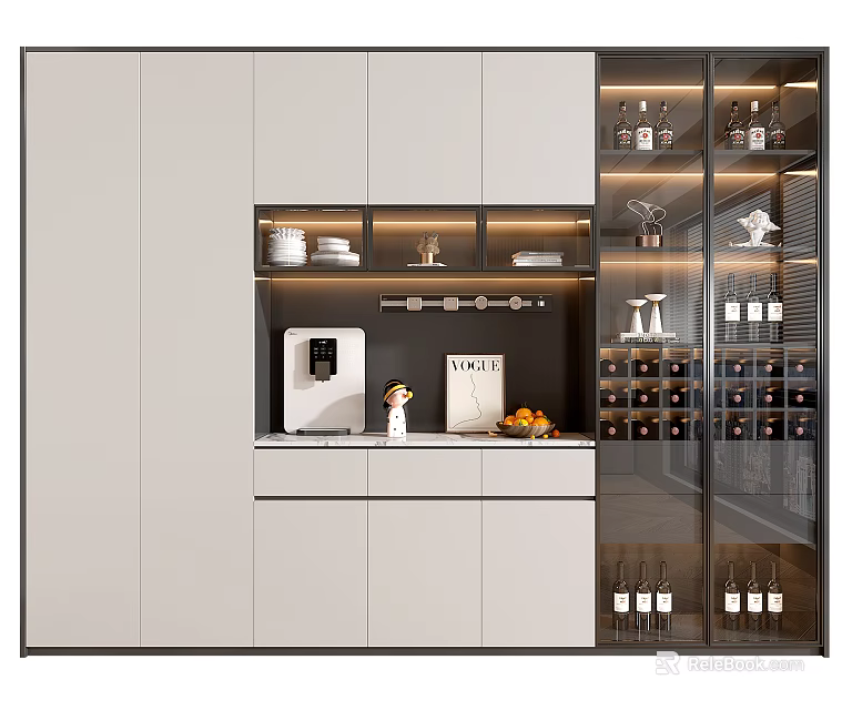 Modern Kitchen Interior Featuring Wine Cabinet With Glass Doors LED Lighting And Tableware 3d model