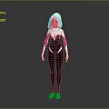 Game Movie Character With Pink Hair White Hood Black Bodysuit And Blue Shoes
