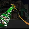Green Bottle Shaped Tsingtao Beer Art Installation with Yellow Streamer and Football Elements