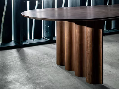Modern Wooden Round Table With Unique Fluted Legs In Interior Setting 3d model