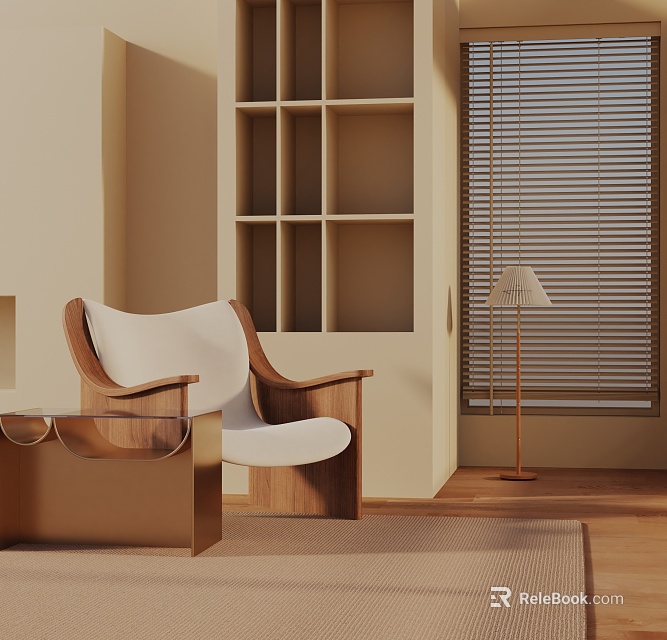 Modern Leisure Chair With Wooden Frame White Cushion And Side Table In Living Interior 3d model 