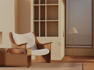 Modern Leisure Chair With Wooden Frame White Cushion And Side Table In Living Interior 3d model