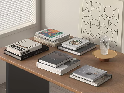 Stacks of Various Books on Wooden Table with Window Shutters and Geometric Wall Art 3d model