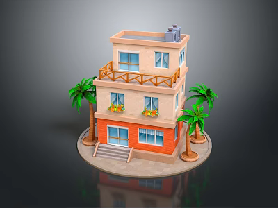 Two Story Building With Beige And Orange Exterior Balcony Palm Trees And Steps 3d model
