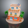 Two Story Building With Beige And Orange Exterior Balcony Palm Trees And Steps
