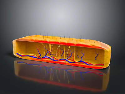 Skin Structure 3D Model Showing Yellow Outer Layer Red Blue Vessels And Hair Like Structures 3d model