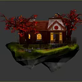 Scenic Miniature Red Roof House With Red Trees Grass And Stone Pathway