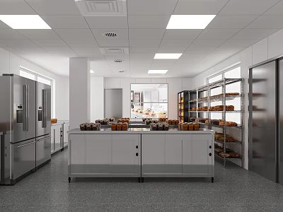 Commercial Kitchen Interior Featuring Stainless Steel Refrigerators White Cabinets Bread Display Shelves And Central Workbench 3d model