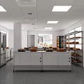Commercial Kitchen Interior Featuring Stainless Steel Refrigerators White Cabinets Bread Display Shelves And Central Workbench