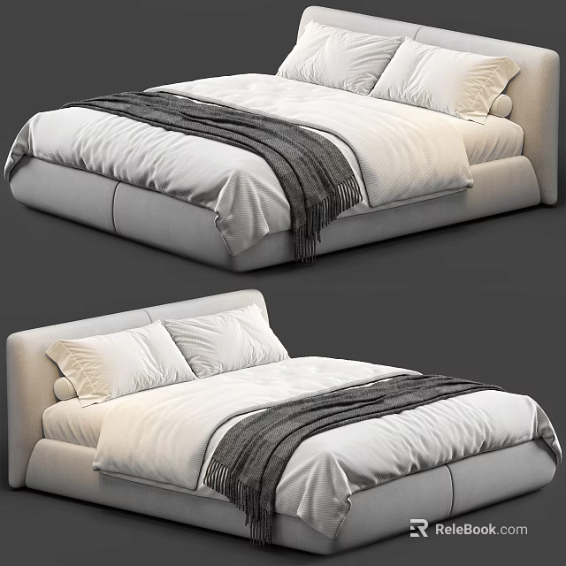 Modern Double Bed With White Sheets Gray Blanket And Minimalist Headboard Design 3d model 