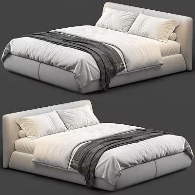 Modern Double Bed With White Sheets Gray Blanket And Minimalist Headboard Design 3d model
