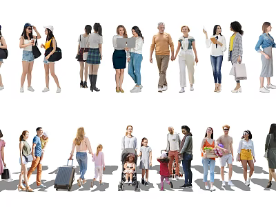 Diverse Group of People Walking in Casual Clothing With Bags and Strollers 3d model
