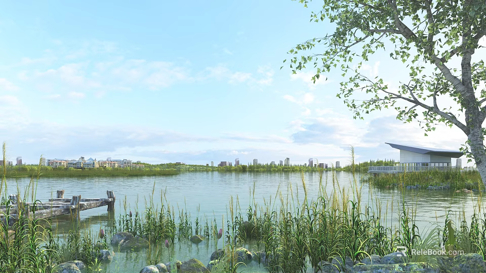 Scenic Waterfront Landscape With Reeds Distant Buildings And Wooden Structure Under Cloudy Sky 3d model 
