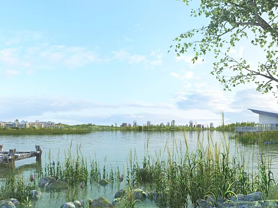 Scenic Waterfront Landscape With Reeds Distant Buildings And Wooden Structure Under Cloudy Sky 3d model