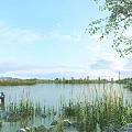 Scenic Waterfront Landscape With Reeds Distant Buildings And Wooden Structure Under Cloudy Sky