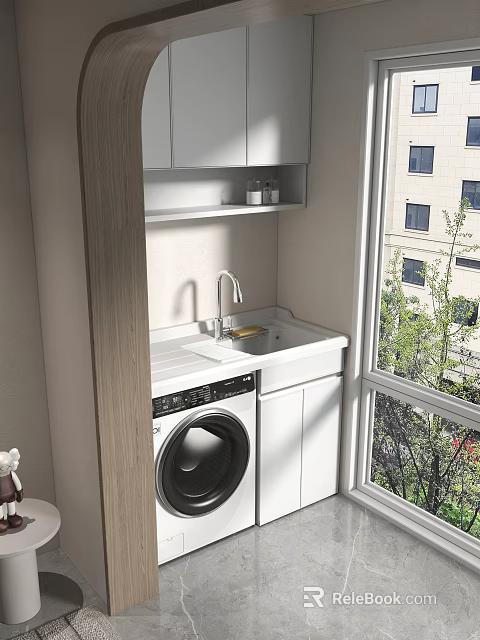 Home Balcony Interior With Washing Machine Sink And White Cabinets 3d model 