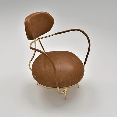 Elegant Brown Leather Single Sofa With Gold Metal Frame And Curved Arms 3d model