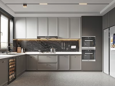 Modern Kitchen Interior With Gray Cabinets Black Marble Countertop And Stainless Steel Appliances 3d model