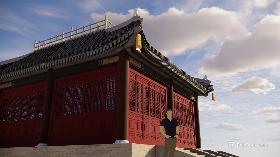 Traditional Chinese Ancient Architecture With Red Doors Windows Black Tiled Roof And Yellow Lanterns 3d model 