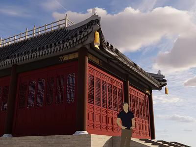 Traditional Chinese Ancient Architecture With Red Doors Windows Black Tiled Roof And Yellow Lanterns 3d model