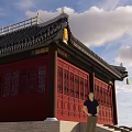 Traditional Chinese Ancient Architecture With Red Doors Windows Black Tiled Roof And Yellow Lanterns