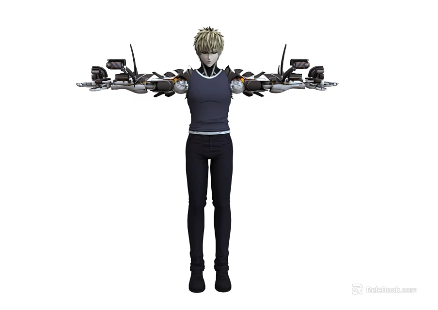 Human Character With Blonde Hair And Mechanical Arms Wearing Dark Clothing Standing 3d model 