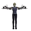 Human Character With Blonde Hair And Mechanical Arms Wearing Dark Clothing Standing