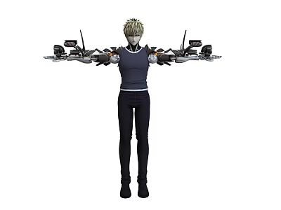 Human Character With Blonde Hair And Mechanical Arms Wearing Dark Clothing Standing 3d model