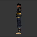 3D Game Character With Black Yellow Jacket Blue Mechanical Arms Blue Pants Yellow Gray Shoes