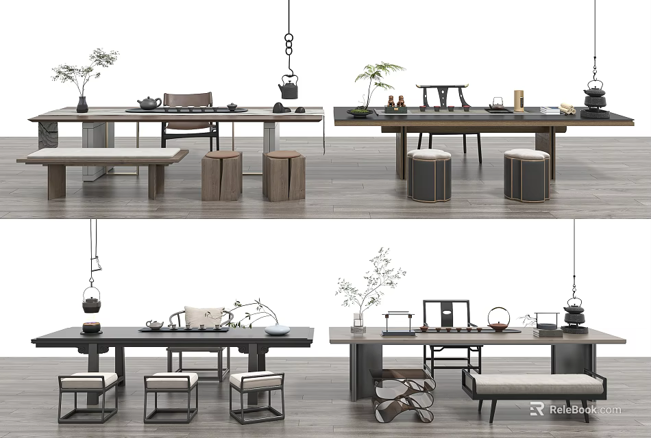 Modern Tea Table and Chairs Set with Tea Sets Potted Plants and Hanging Lamps 3d model 