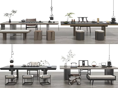 Modern Tea Table and Chairs Set with Tea Sets Potted Plants and Hanging Lamps 3d model