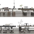 Modern Tea Table and Chairs Set with Tea Sets Potted Plants and Hanging Lamps