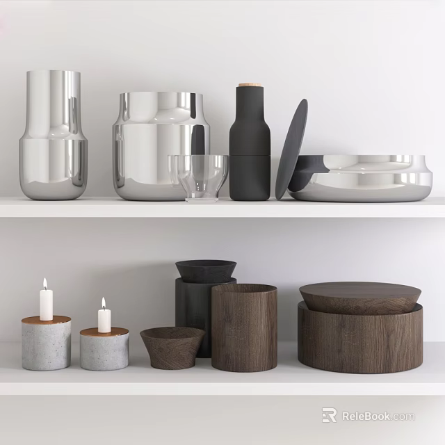 Minimalist Decorative Ornament Set Featuring Silver Metal Black Wooden Stone Vases Candle Holders Bowls 3d model 