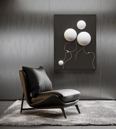 Modern Single Sofa With Black Cushion In Metallic Wall Interior And White Spherical Decor 3d model