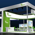 GIOOLI Exhibition Booth With Curved Design White Blue Display Screens And Green Plants