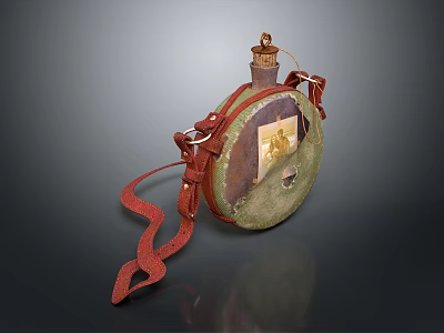 Vintage Style Portable Water Flask With Red Leather Strap Brass Cap And Decorative Design 3d model
