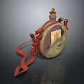 Vintage Style Portable Water Flask With Red Leather Strap Brass Cap And Decorative Design