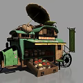 Functional Mobile Cart For Street Vending With Wooden Table Canopy And Cooking Supplies