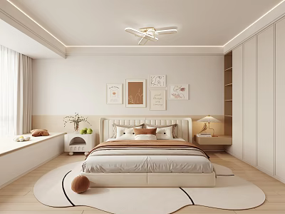 Modern Bedroom Interior With Framed Art Above Bed Bay Window Soft Rug And Wooden Wardrobe 3d model