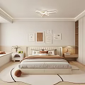 Modern Bedroom Interior With Framed Art Above Bed Bay Window Soft Rug And Wooden Wardrobe