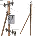 Wooden Electric Poles With Power Lines And Utility Equipment For Road Infrastructure