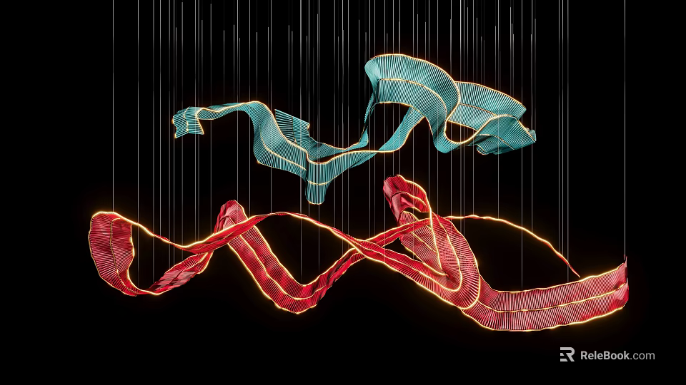 Curved Ribbon Like Blue And Red Illuminated Chandelier On Black Background 3d model 