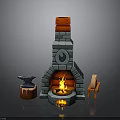 Blacksmith Workshop Stone Fireplace With Anvil Wooden Stump Chair And Burning Flame