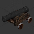 Antique Cannon Weapon With Black Barrel Wooden Carriage And Metal Wheels