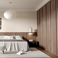Modern Bedroom Interior With Large Bed White Bedding Wooden Wardrobe And Wall Art