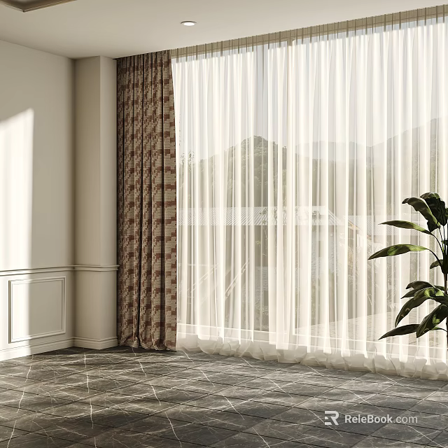 Patterned And Sheer White Curtains In Elegant Interior With Mountain View And Green Plant 3d model 